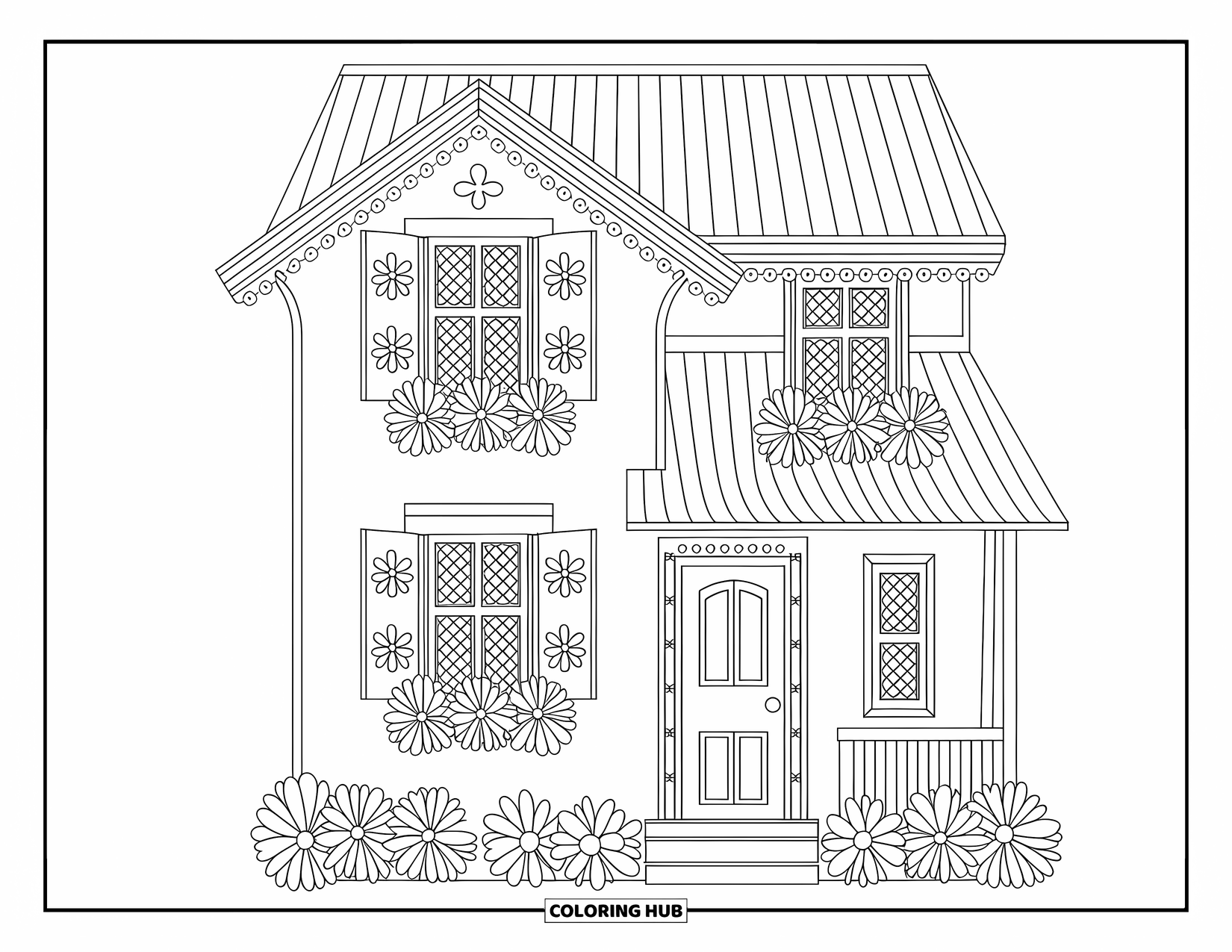 Cabin Coloring Page for Adults: Cozy two-story cabin with ornate shutters and bold outlines for a relaxing scene