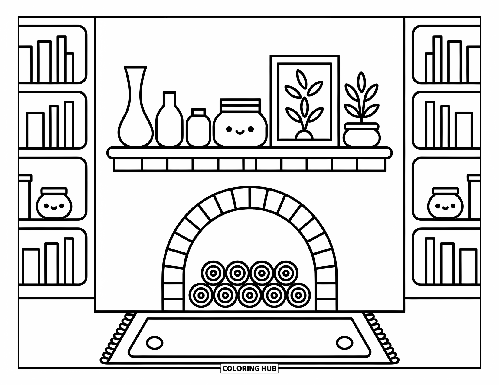 Cabin Coloring Page for Adults: Fireplace with bookshelves, stacked logs, and cute decor in a cozy indoor setting