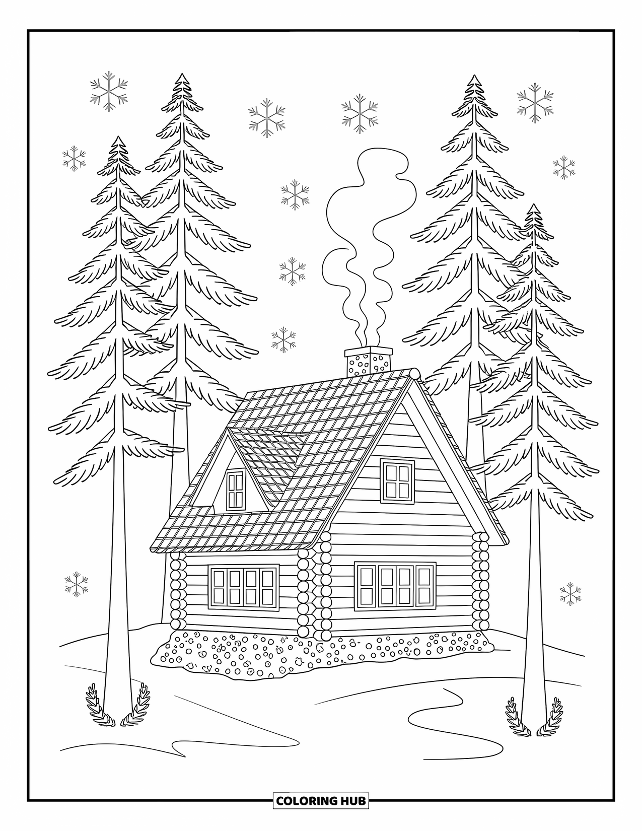 Cabin Coloring Page for Adults: High-roof log cabin with pine trees and chimney smoke curling up