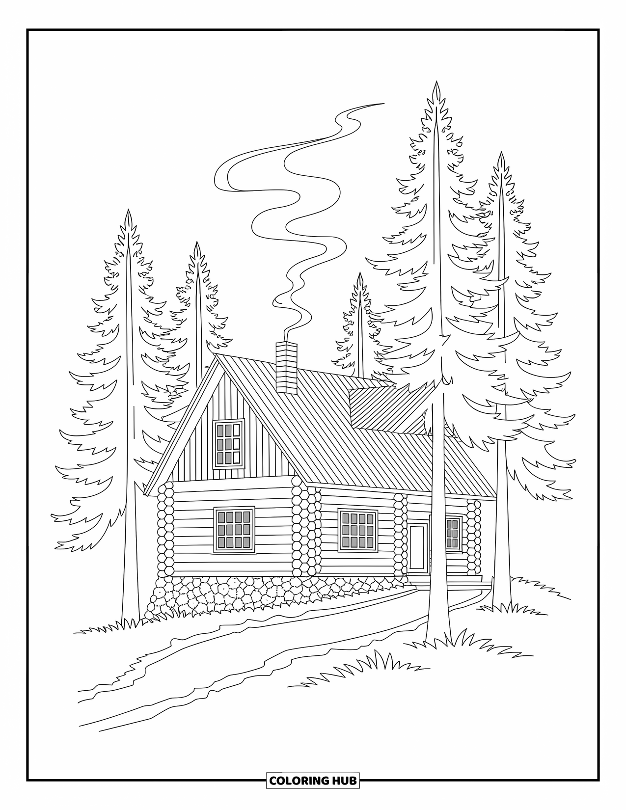 Cabin Coloring Page for Adults: Log cabin with chimney smoke and detailed trees for a wintery escape
