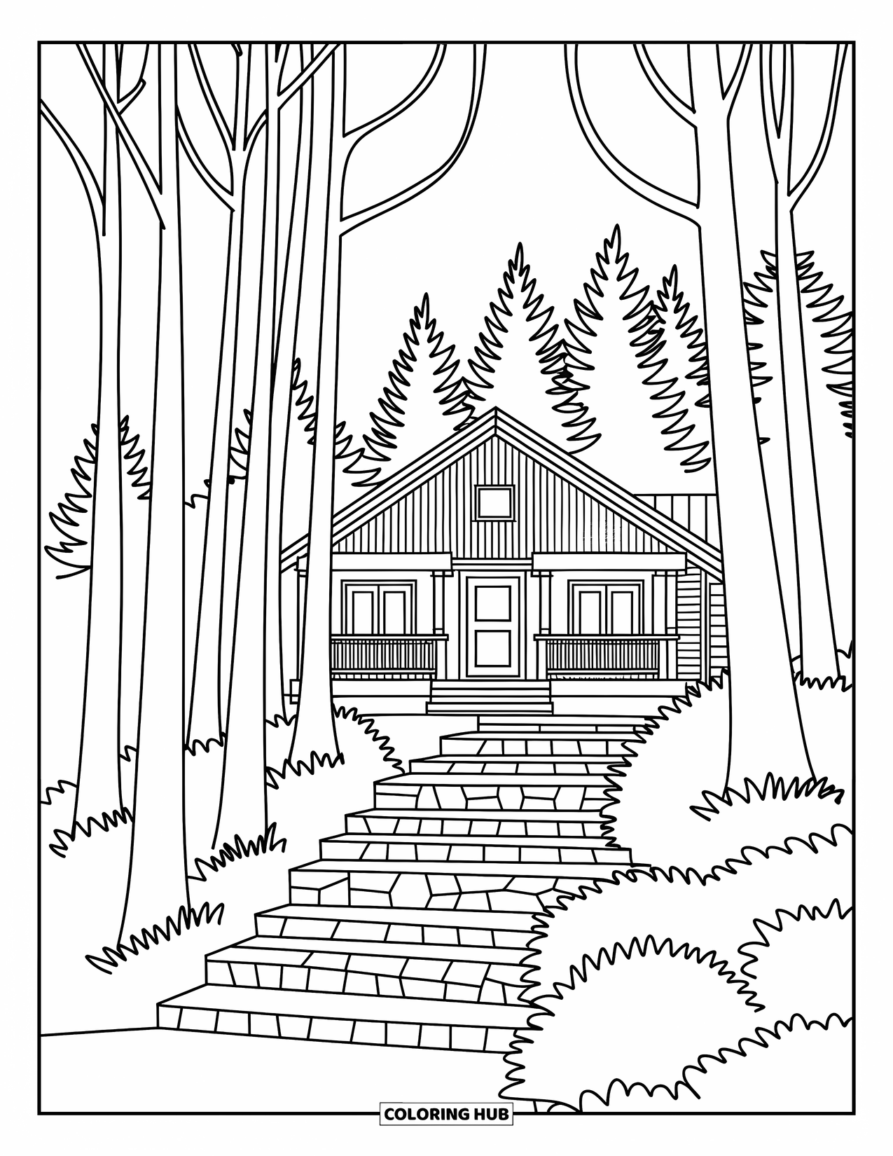 Cabin Coloring Page for Adults: Peaceful mountain retreat with stone steps and cozy patterns