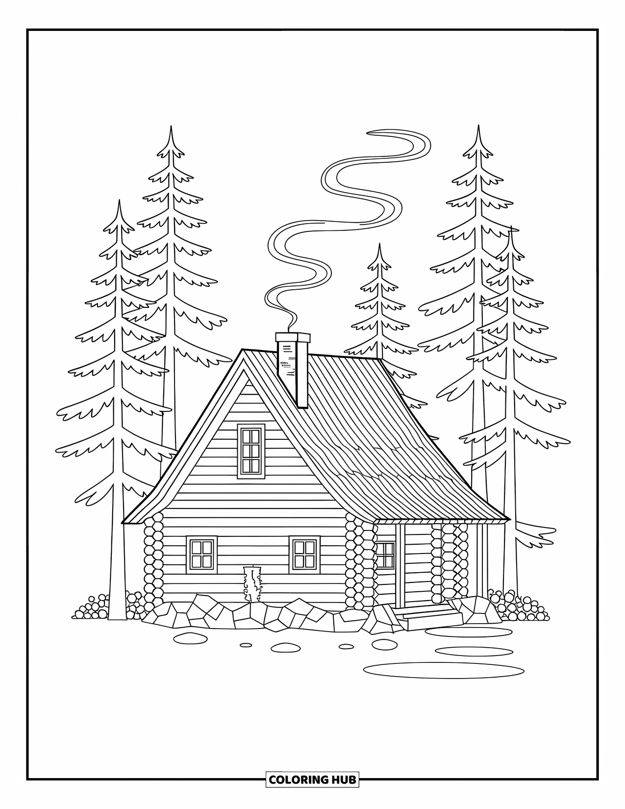 Cabin Coloring Page for Adults: Pine-framed log cabin with smoke and a rock-lined base
