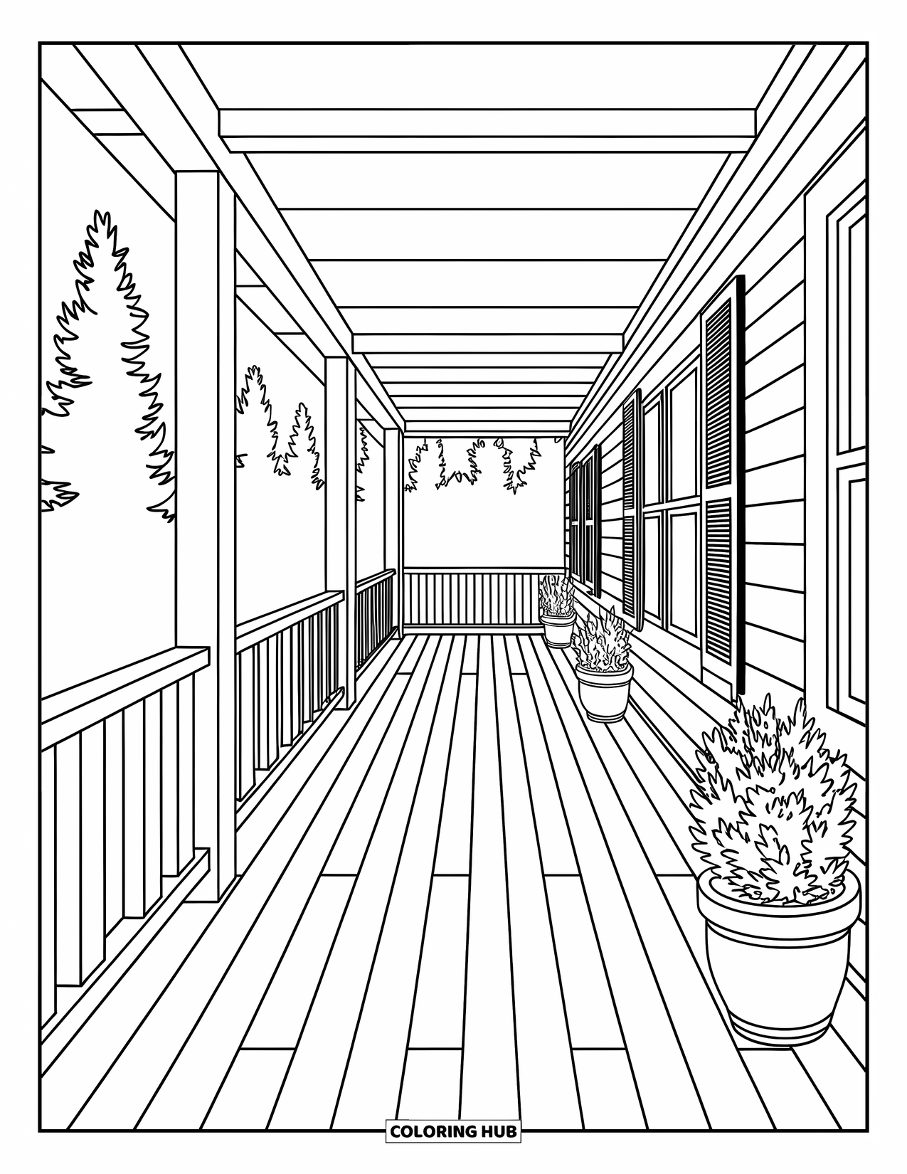Cabin Coloring Page for Adults: Porch scene with plants, railings, and trees in the background