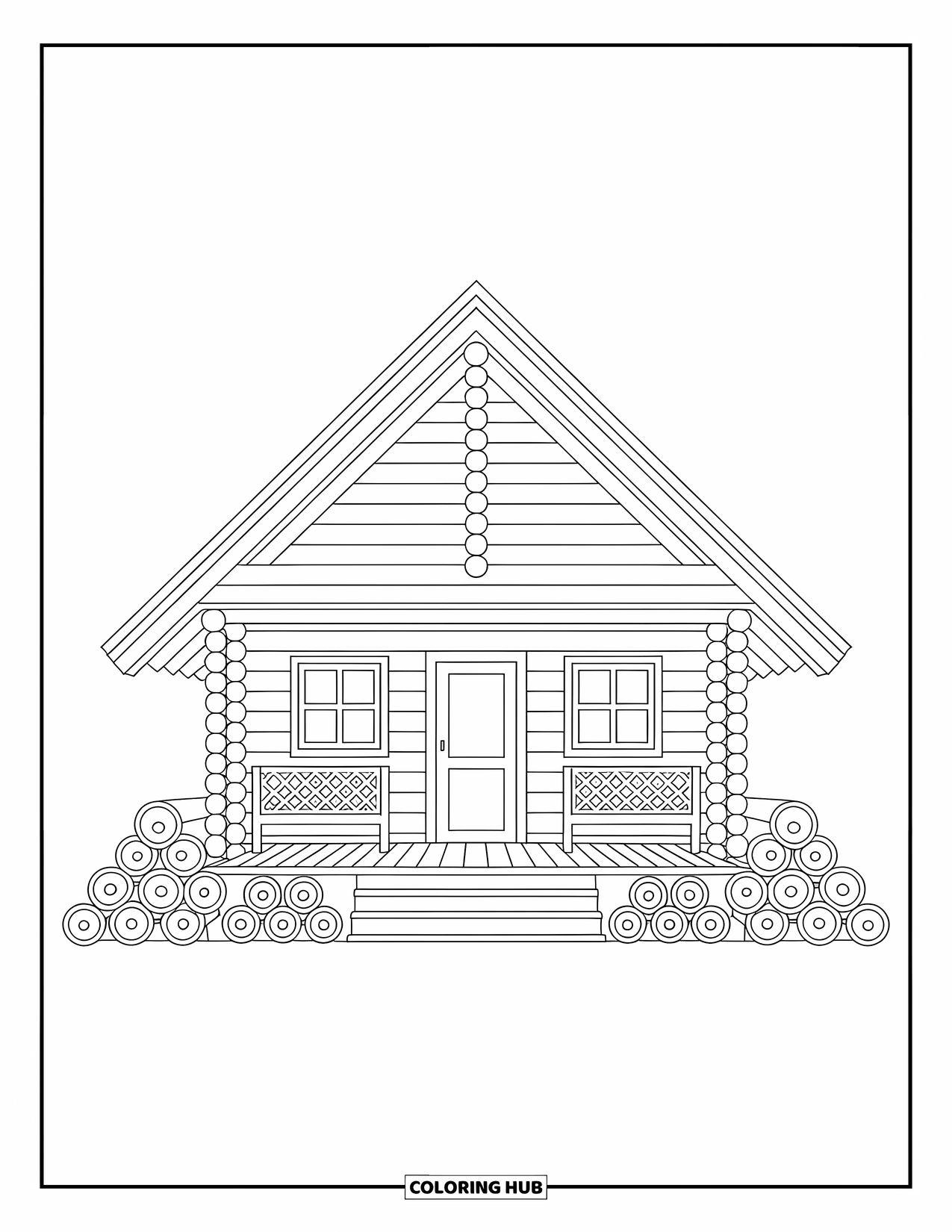Cabin Coloring Page for Adults: Rustic cabin porch with stacked logs and charming triangle roof