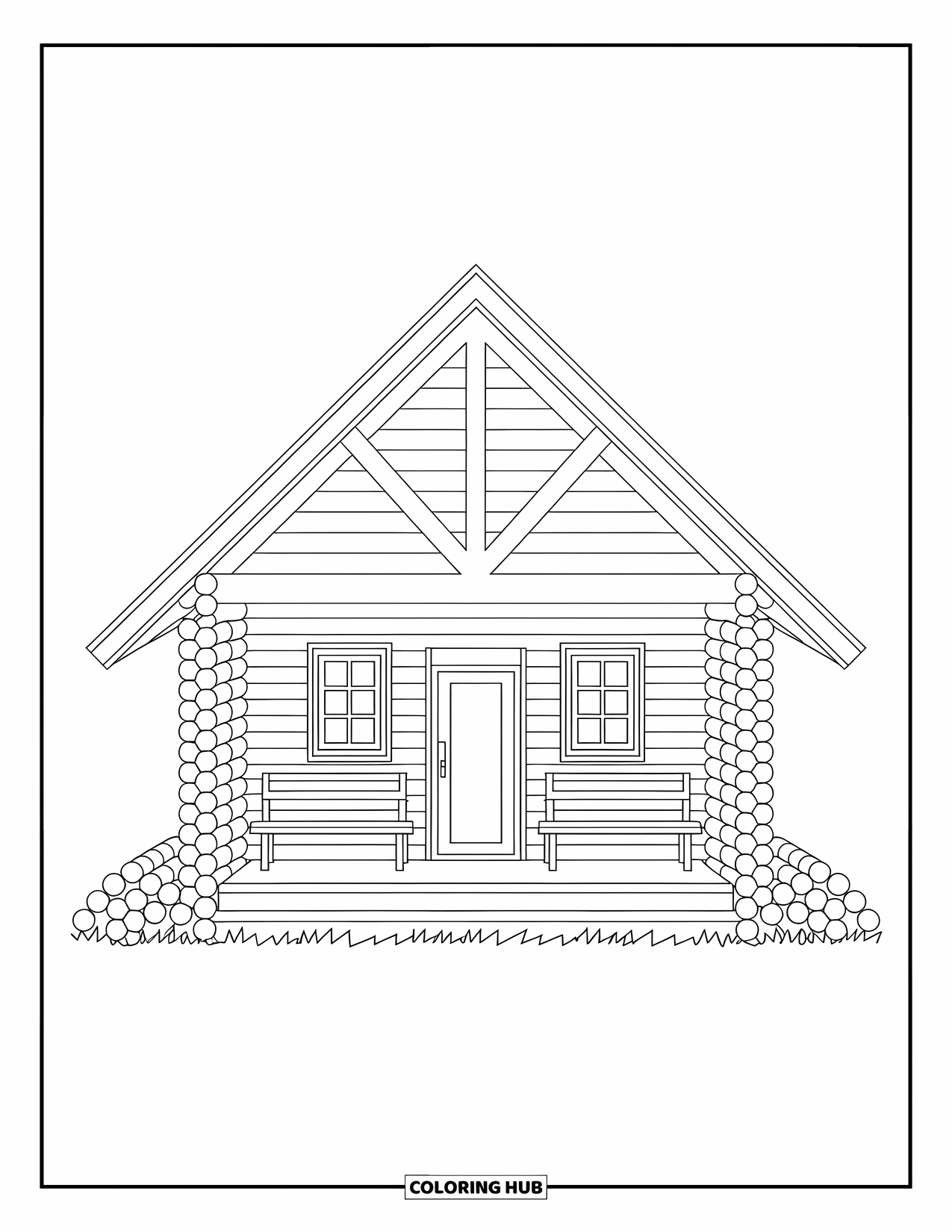 Cabin Coloring Page for Adults: Wooden cabin with triangular eaves, porch benches, and stacked logs beside