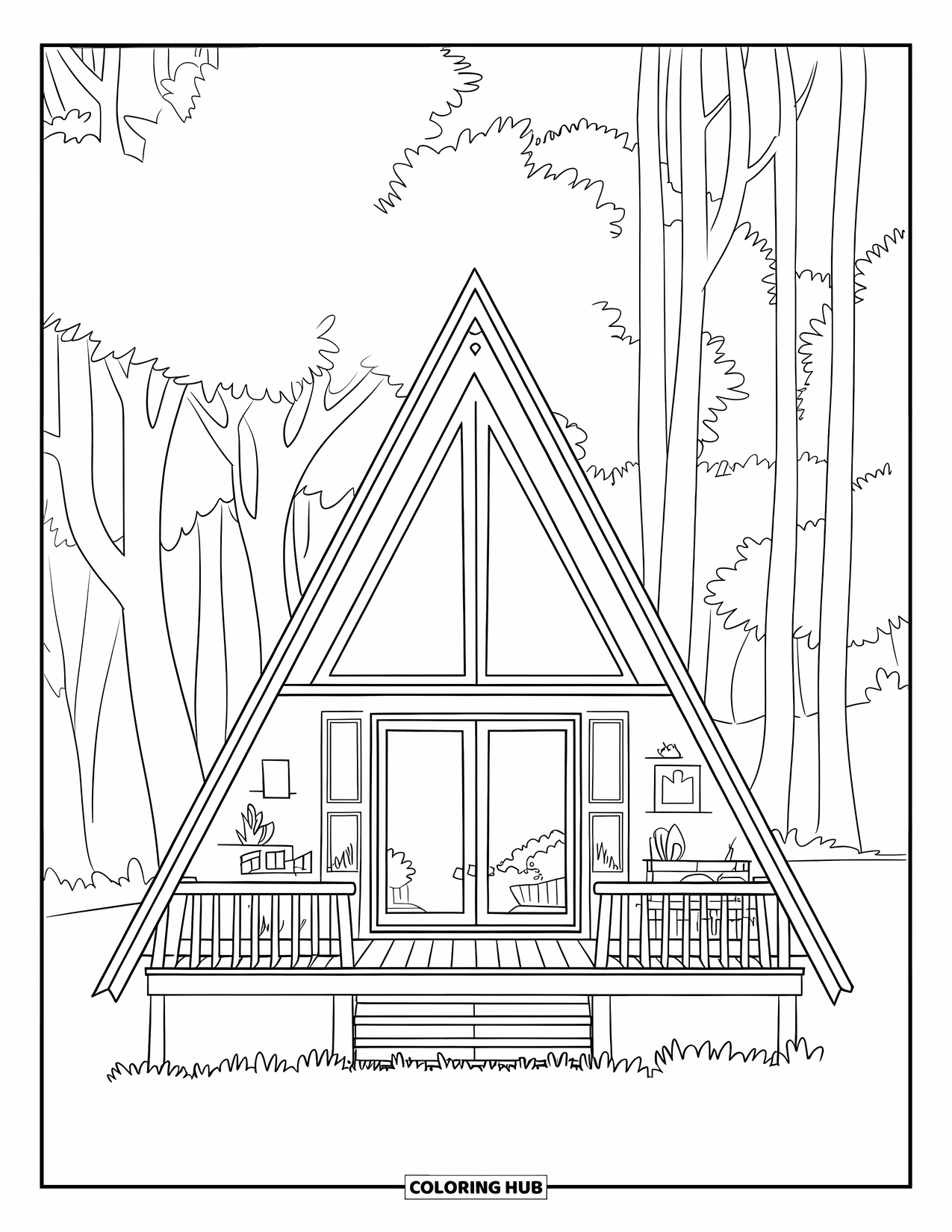 Cabin Coloring Page for Kids: A-frame cabin with big windows and forest silhouettes in a peaceful setting