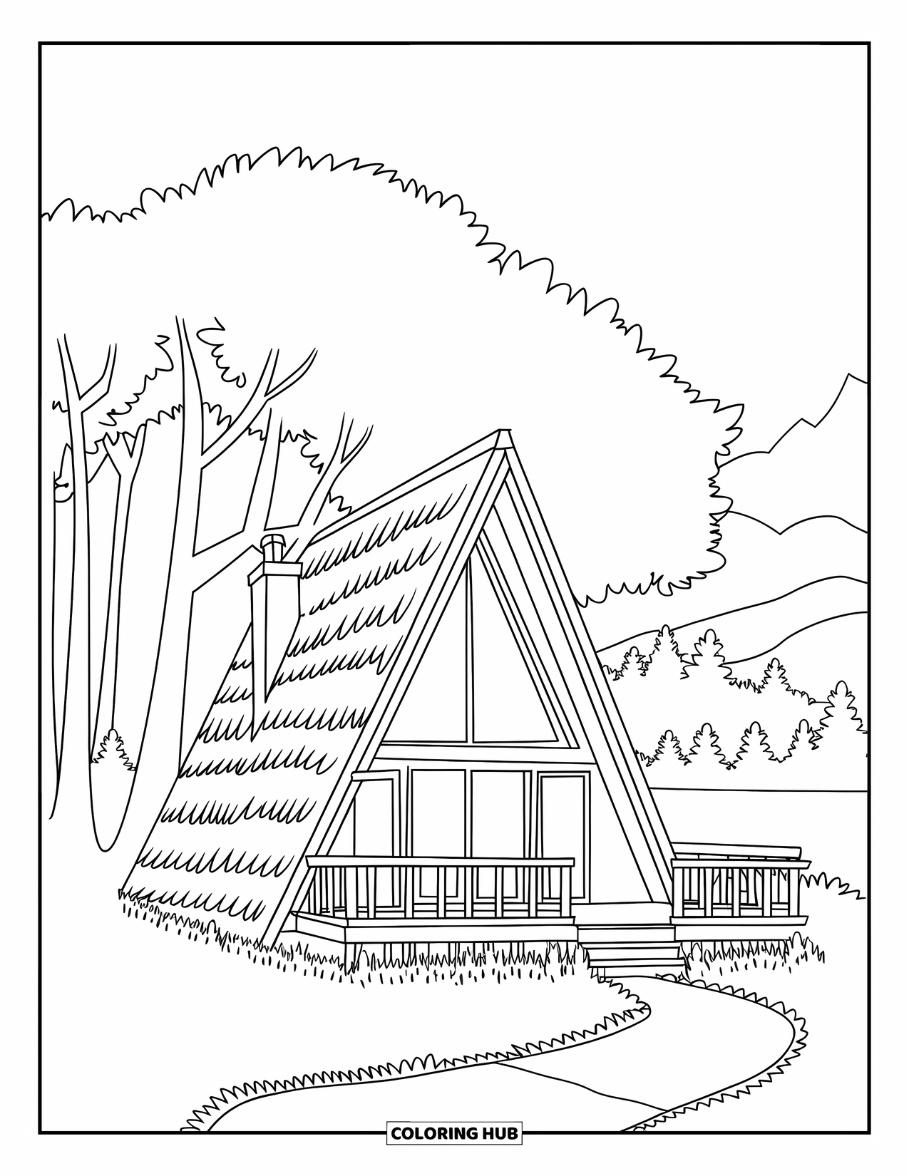 Cabin Coloring Page for Kids: A-frame cabin with chimney and lakeside view, surrounded by trees and nature