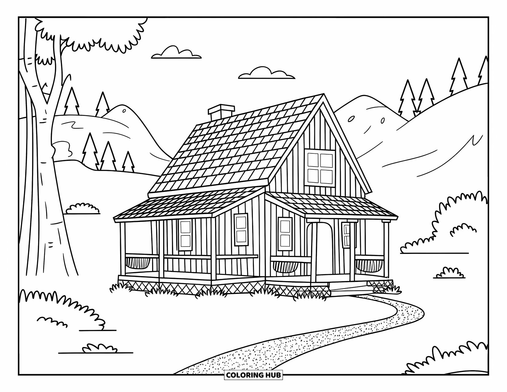 Cabin Coloring Page for Kids: Backwoods cabin with chimney and porch surrounded by forest and mountains