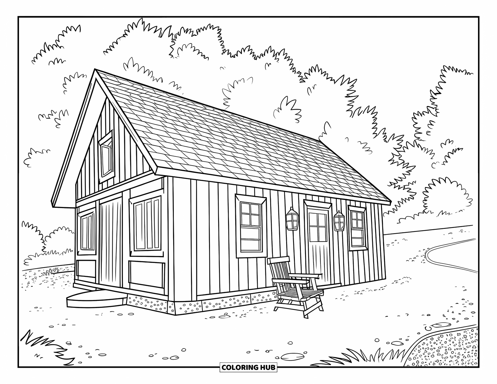 Cabin Coloring Page for Kids: Backwoods cabin with porch chair and gravel path leading through the woods