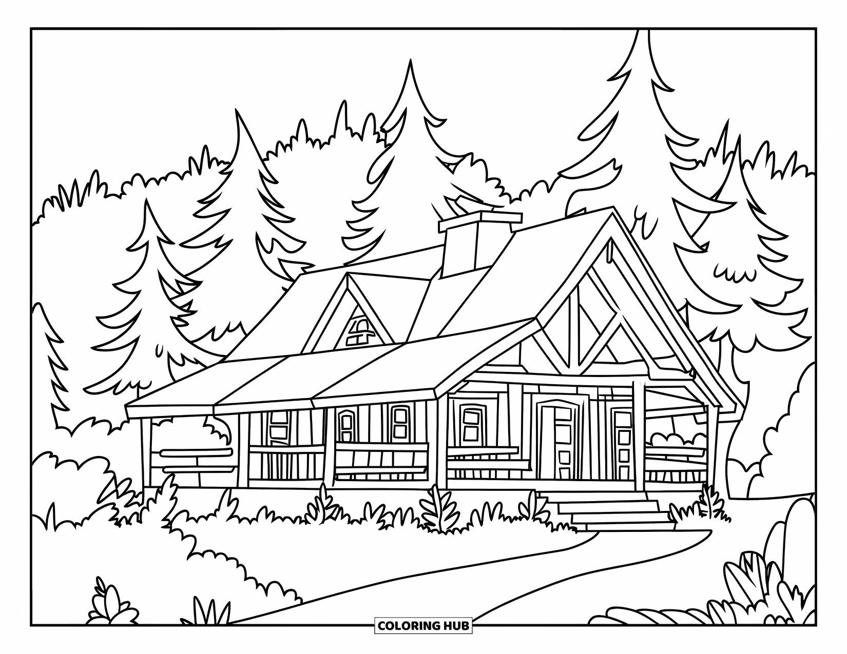 Cabin Coloring Page for Kids: Cabin with chimney and curved steps nestled in a quiet forest path