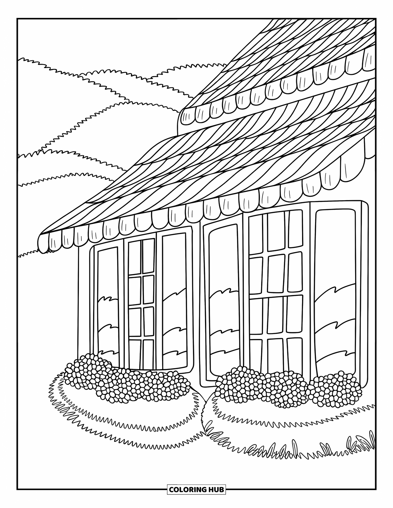 Cabin Coloring Page for Kids: Cabin with flower beds and big windows facing peaceful, rolling hills