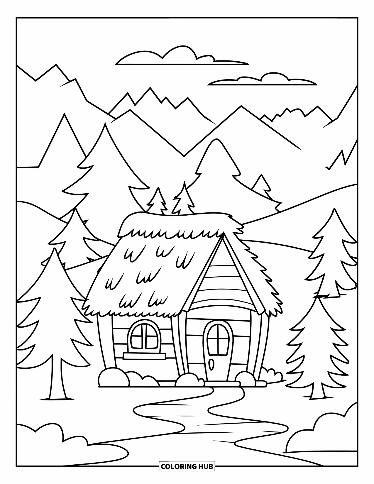 Cabin Coloring Page for Kids: Cabin with one window, two pine trees, and a path leading up