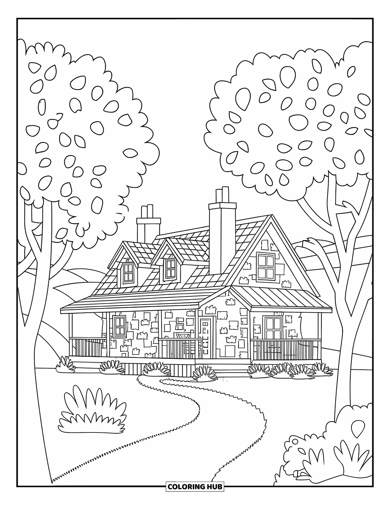 Cabin Coloring Page for Kids: Cabin with porch chairs and a curved path in a grassy, hilly landscape