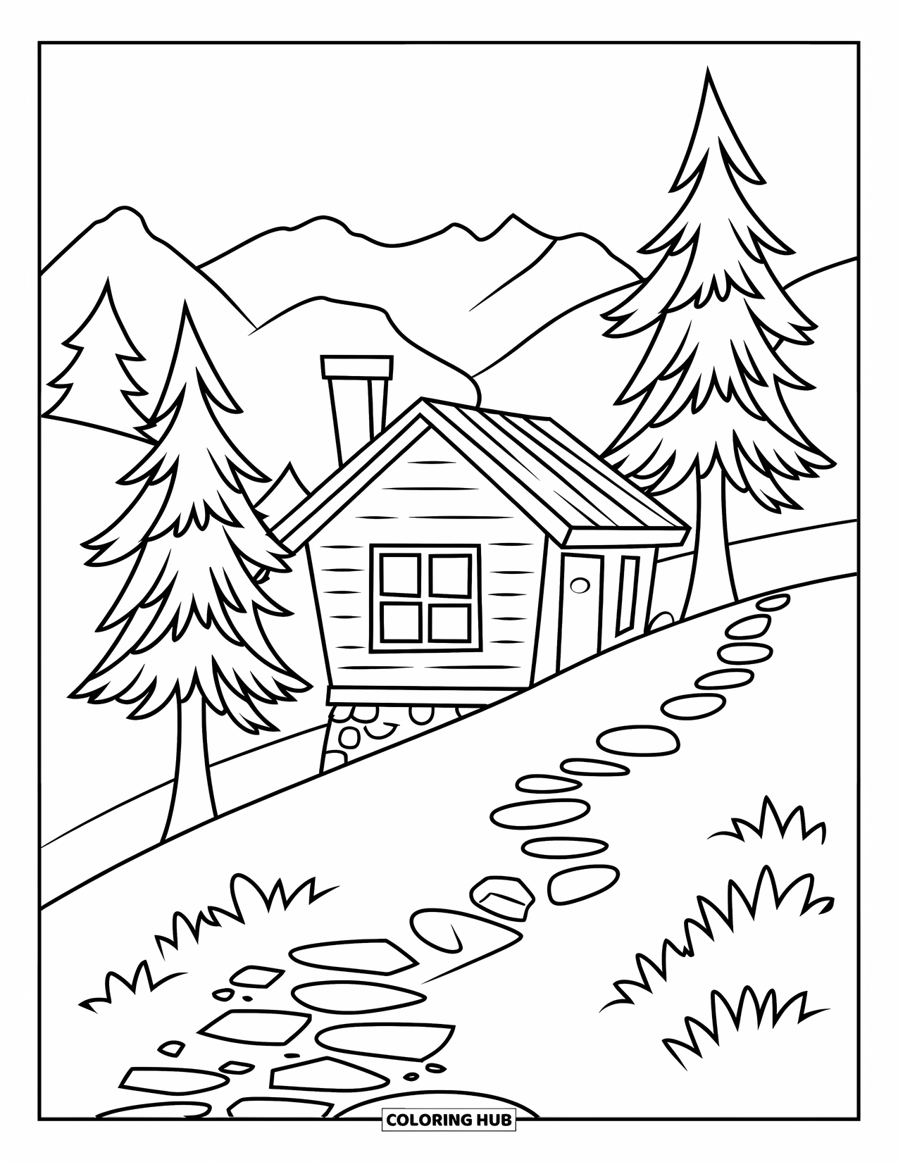 Cabin Coloring Page for Kids: Cabin with porch, chimney, pine trees, and a path winding up the hill