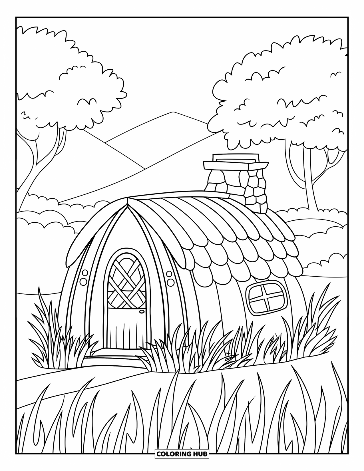Cabin Coloring Page for Kids: Cabin with round roof and grass, surrounded by trees and mountains