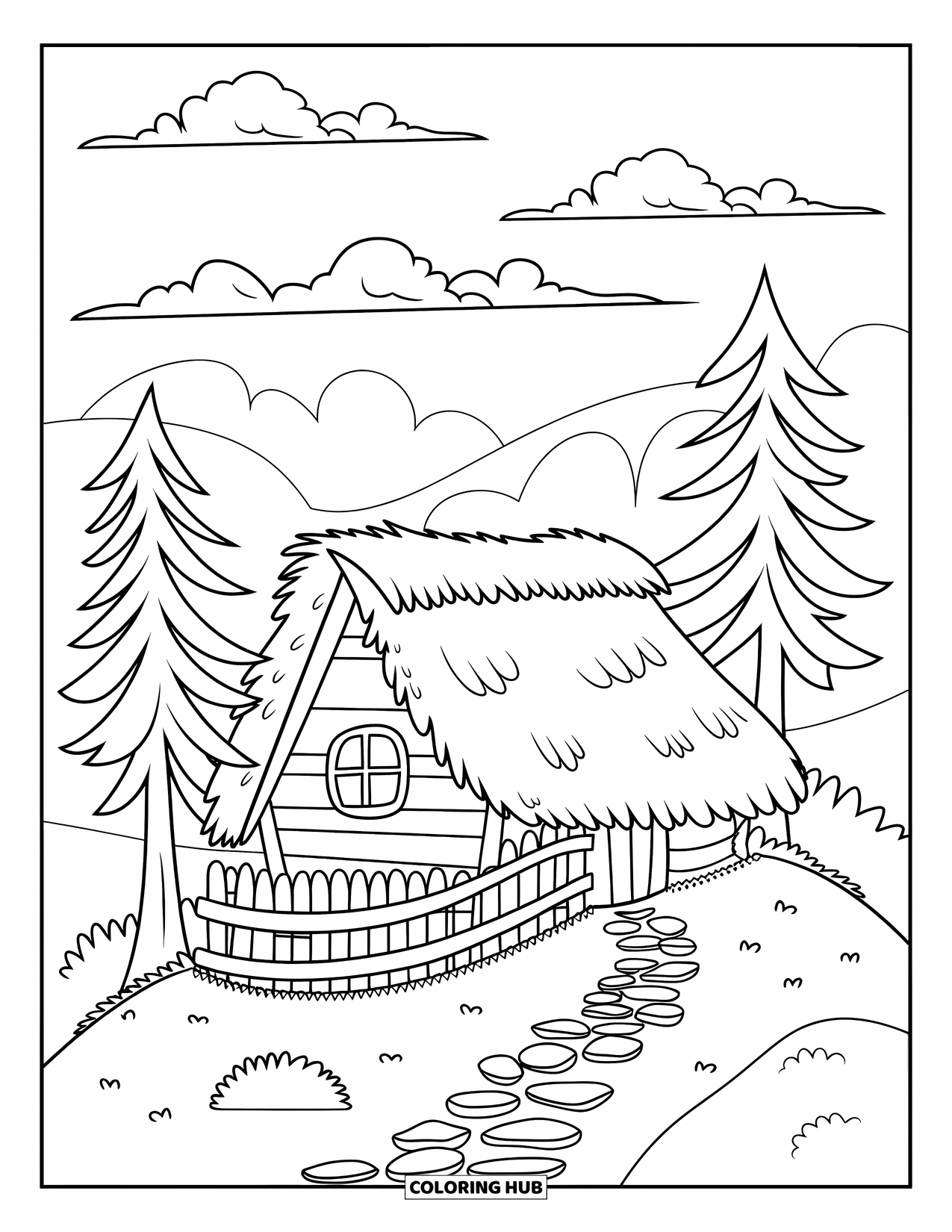 Cabin Coloring Page for Kids: Cabin with thatched roof, pine trees, and a winding path through hills and trees