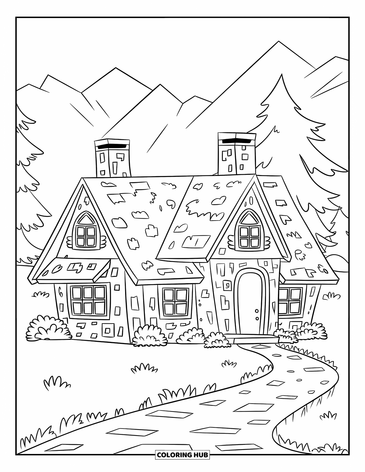 Cabin Coloring Page for Kids: Cabin with two chimneys and a curved path surrounded by trees and mountains