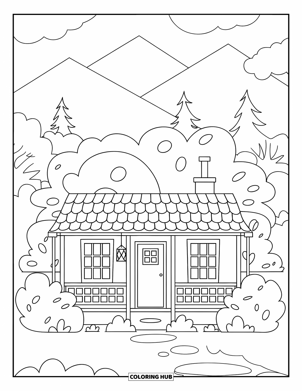 Cabin Coloring Page for Kids: Cabin with two windows and porch, surrounded by bushes, trees, and mountain views