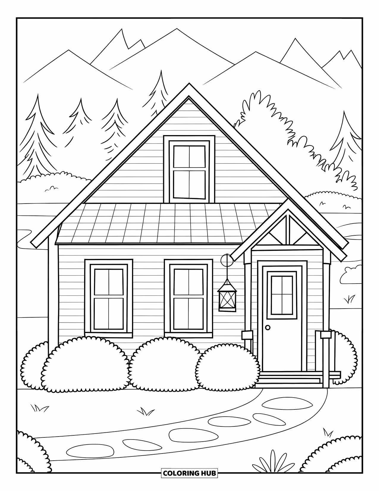 Cabin Coloring Page for Kids: Cozy cabin with porch, lantern, and bushes, surrounded by trees and mountains