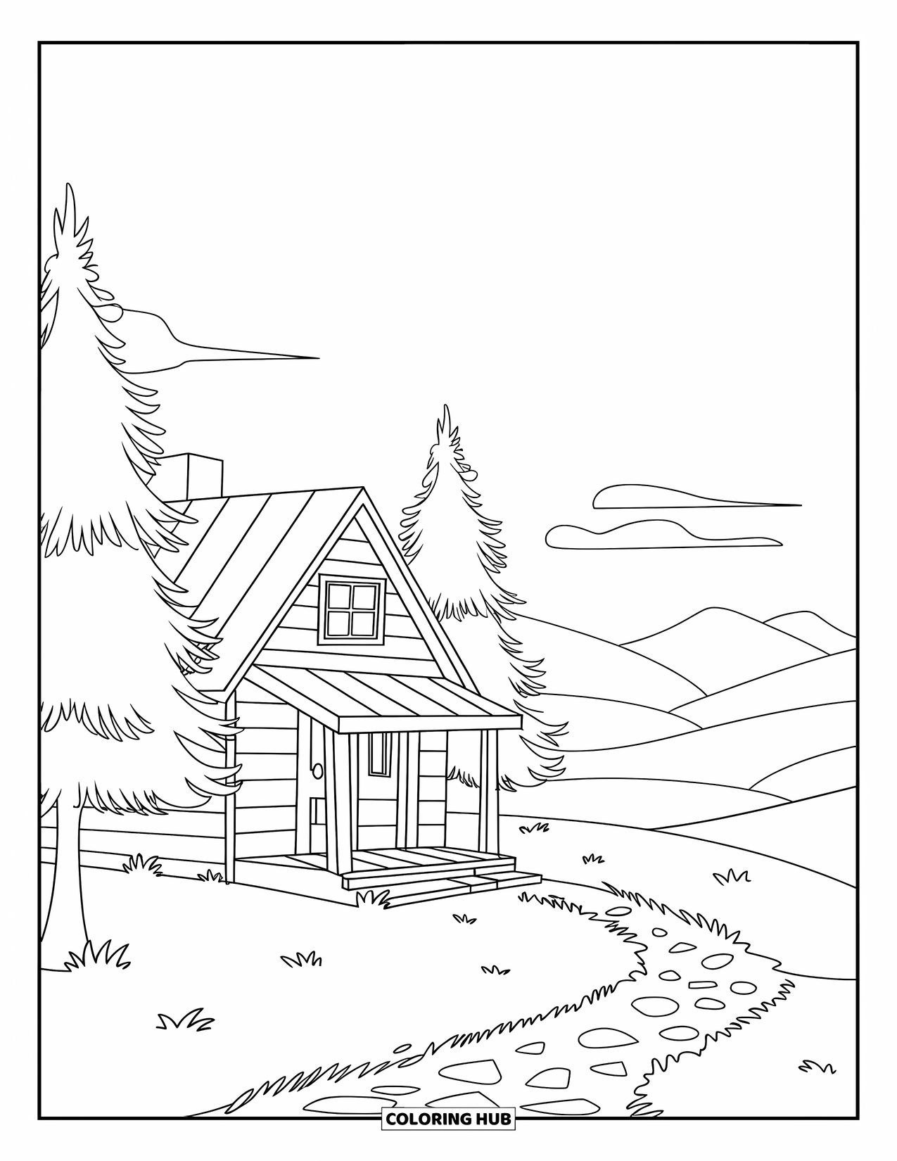 Cabin Coloring Page for Kids: Cozy cabin with two pine trees and a stone path winding through the hills