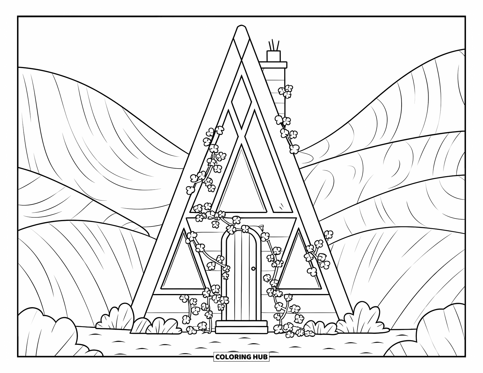 Cabin Coloring Page for Kids: Cozy cabin with vines around the door tucked among rolling hills