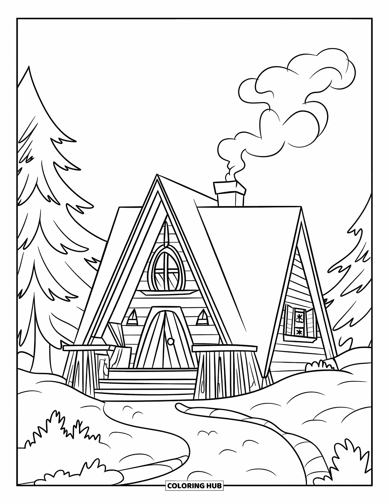 Cabin Coloring Page for Kids: Cozy triangle-roof cabin with a path and chimney smoke in a snowy forest