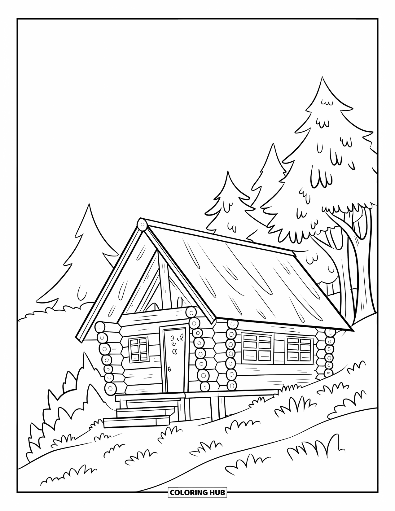 Cabin Coloring Page for Kids: Hillside cabin with log walls and a few trees under a soft sky