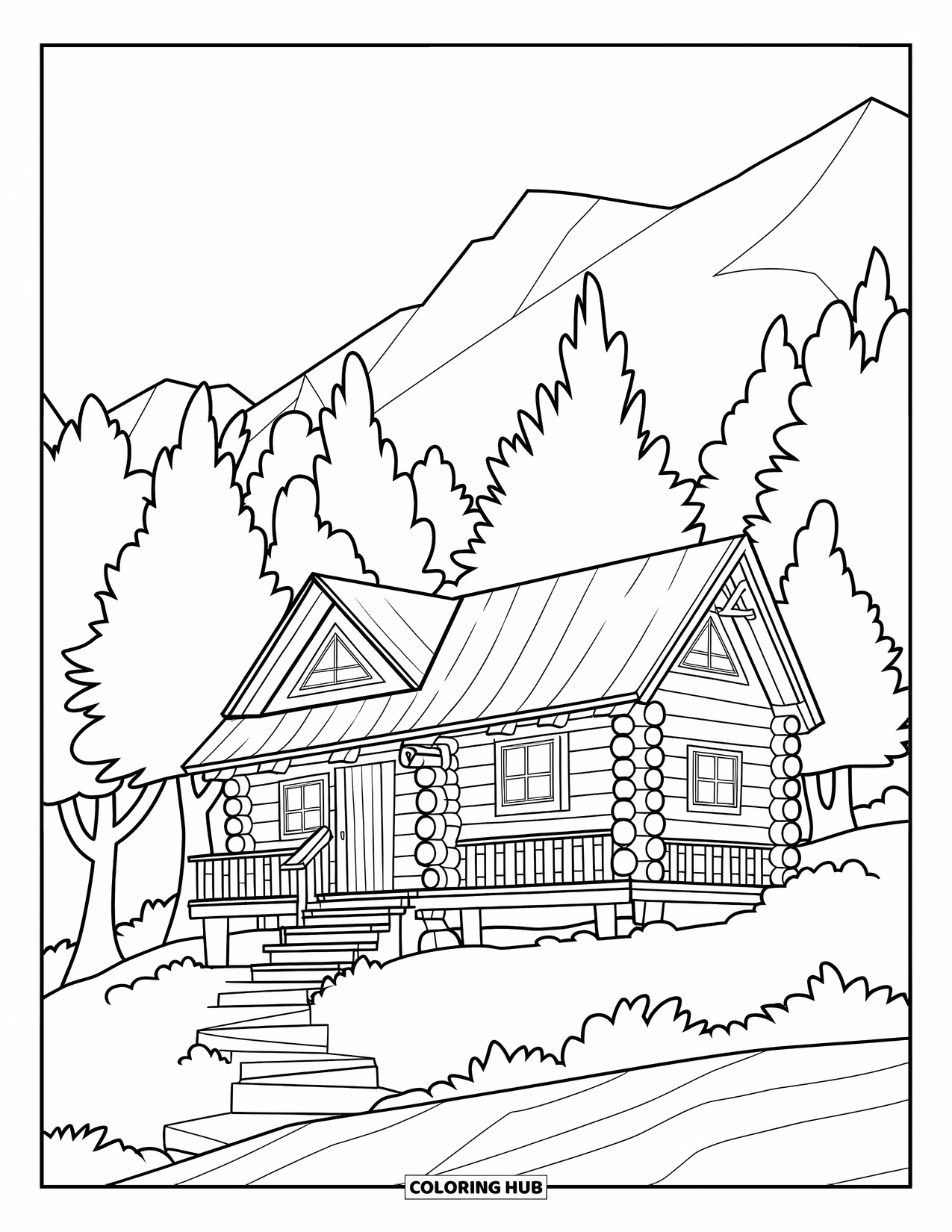 Cabin Coloring Page for Kids: Hillside cabin with wide logs and steps nestled between trees and mountains