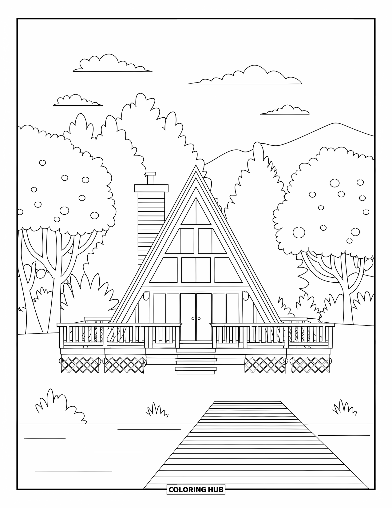 Cabin Coloring Page for Kids: Lakeside A-frame cabin with deck and chimney tucked in cozy forest trees
