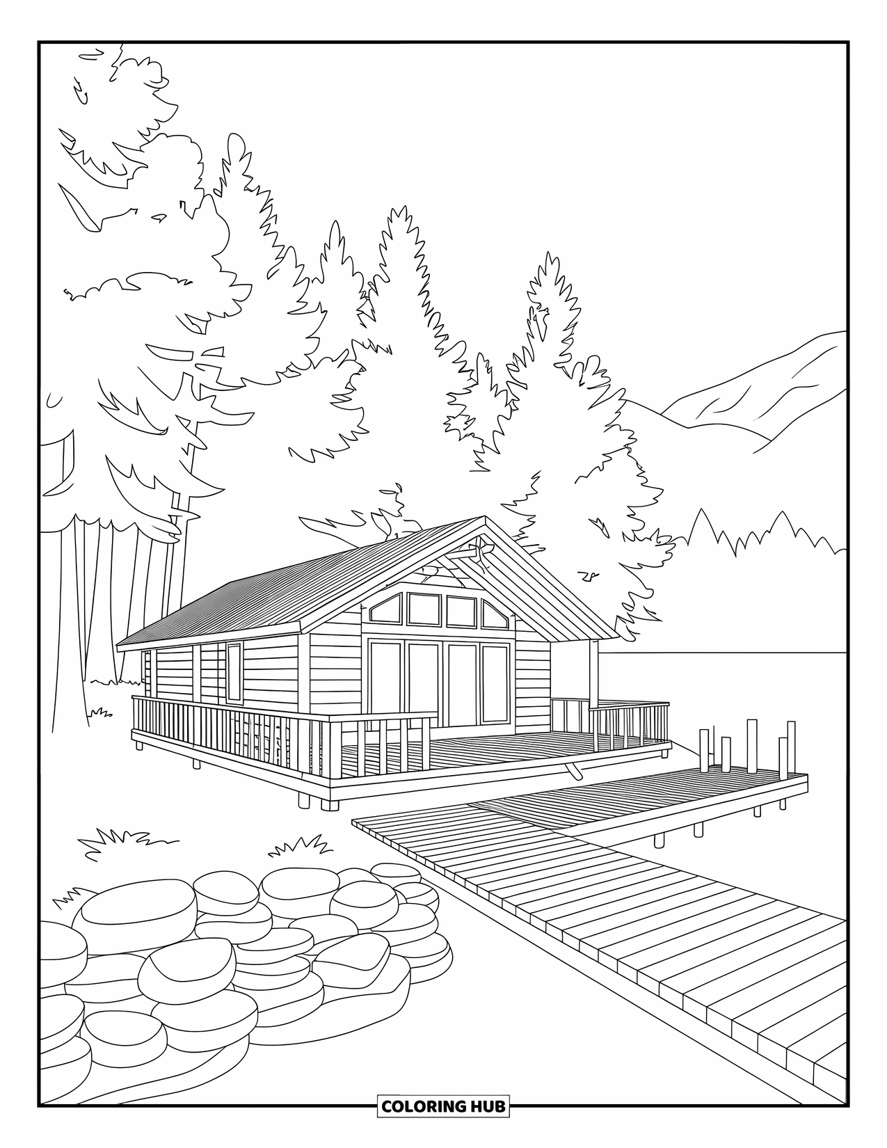 Cabin Coloring Page for Kids: Lakeside cabin with dock and stacked stones surrounded by trees and mountains
