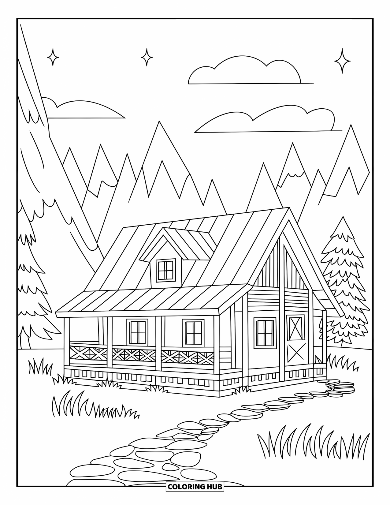 Cabin Coloring Page for Kids: Lofted cabin with beams and porch under a starry sky with trees and mountains