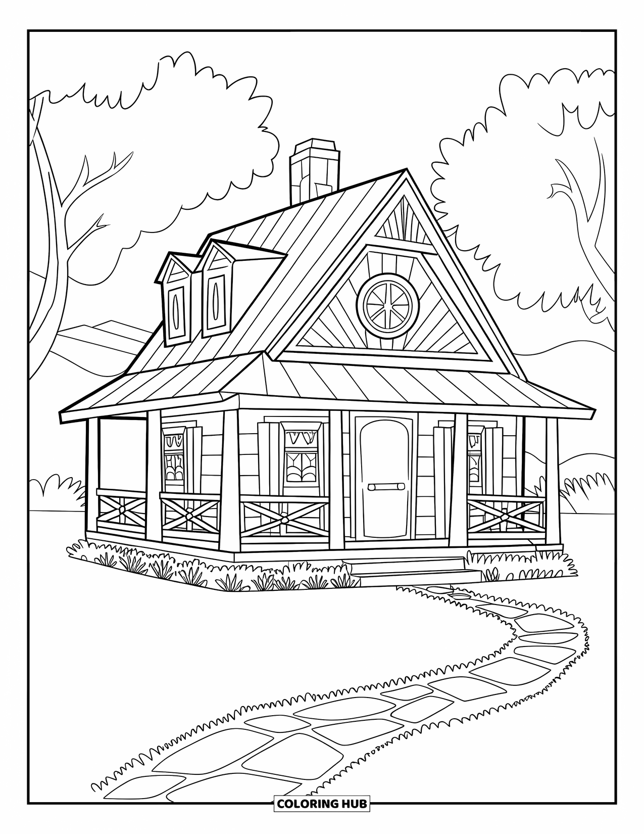 Cabin Coloring Page for Kids: Lofted cabin with beams and stone path surrounded by trees and mountain views
