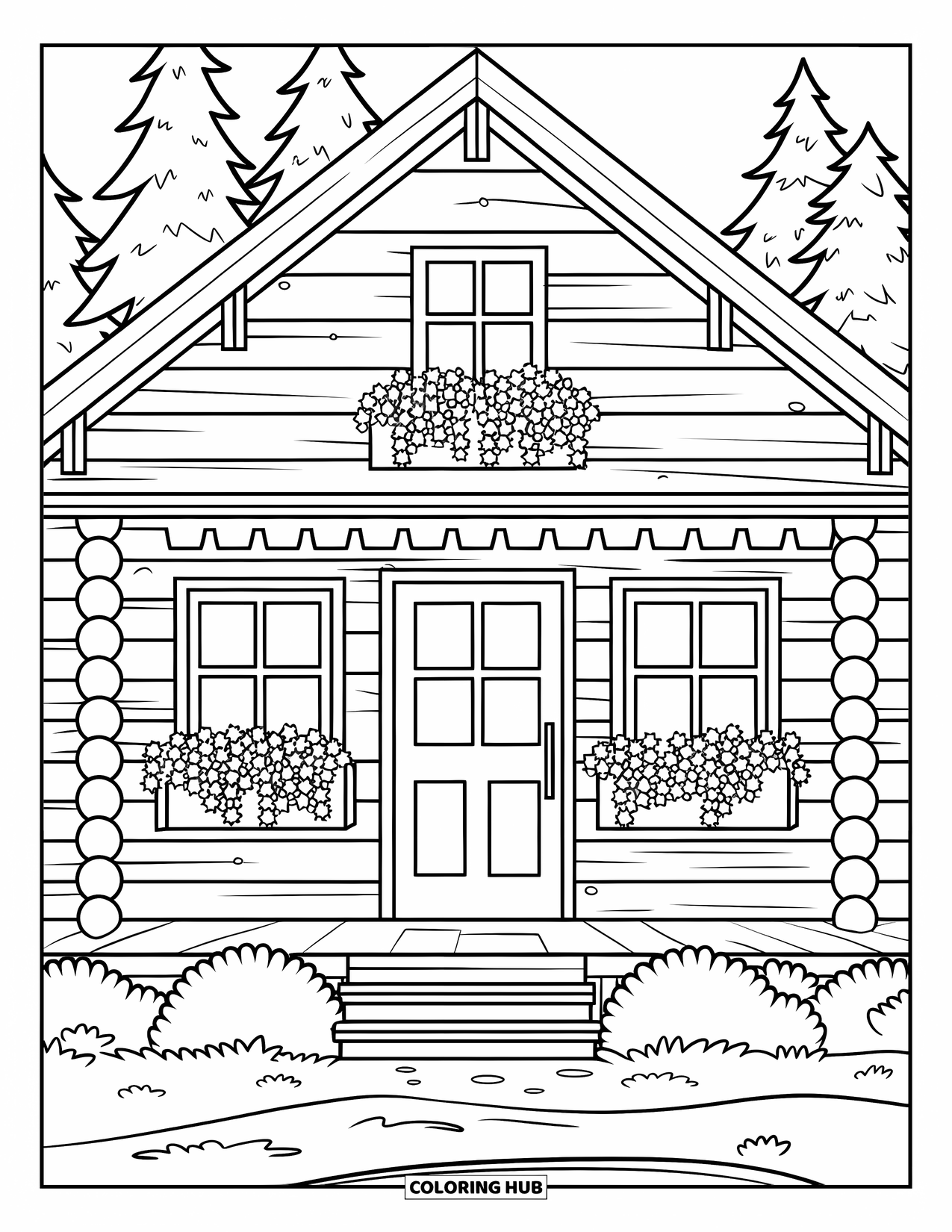 Cabin Coloring Page for Kids: Log cabin with flowers on windows and steps, surrounded by cozy forest scenery