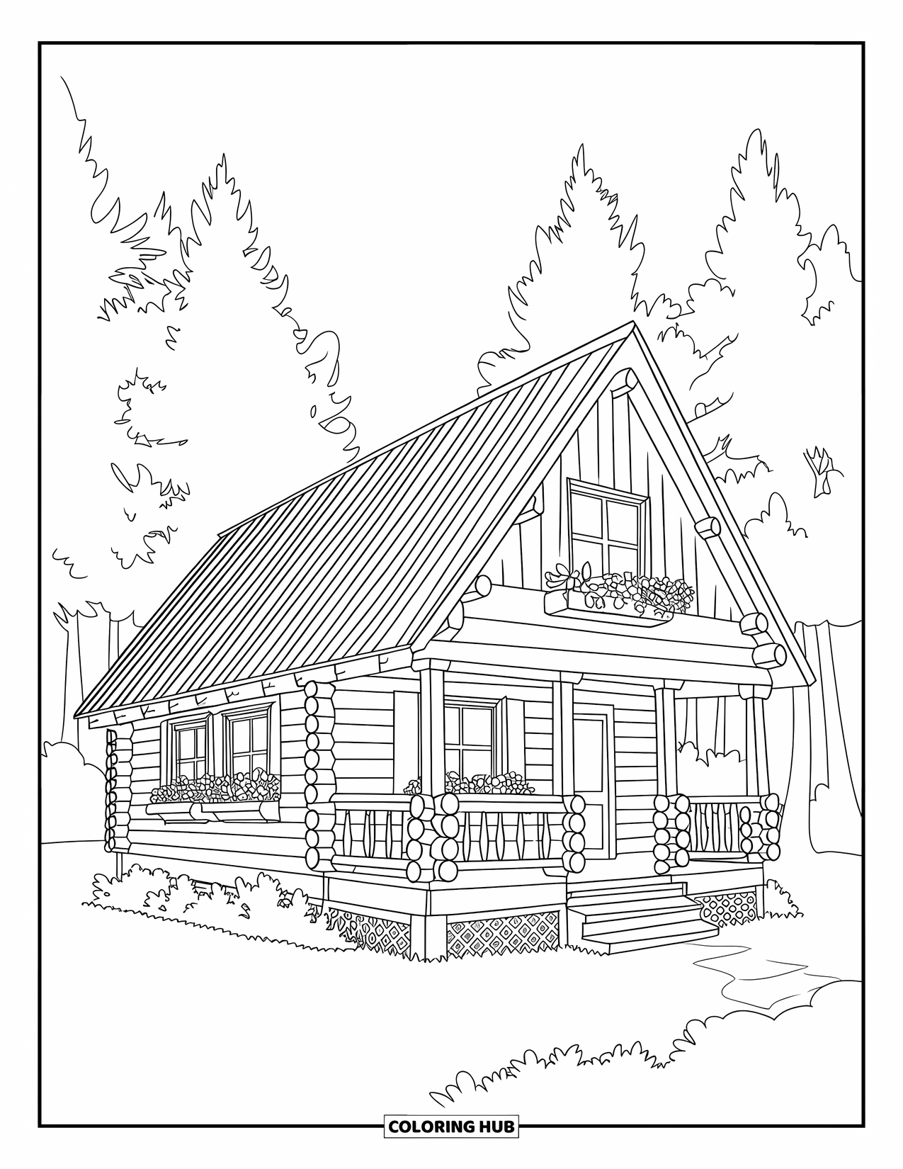Cabin Coloring Page for Kids: Log cabin with porch and flowers sitting quietly in a peaceful forest space