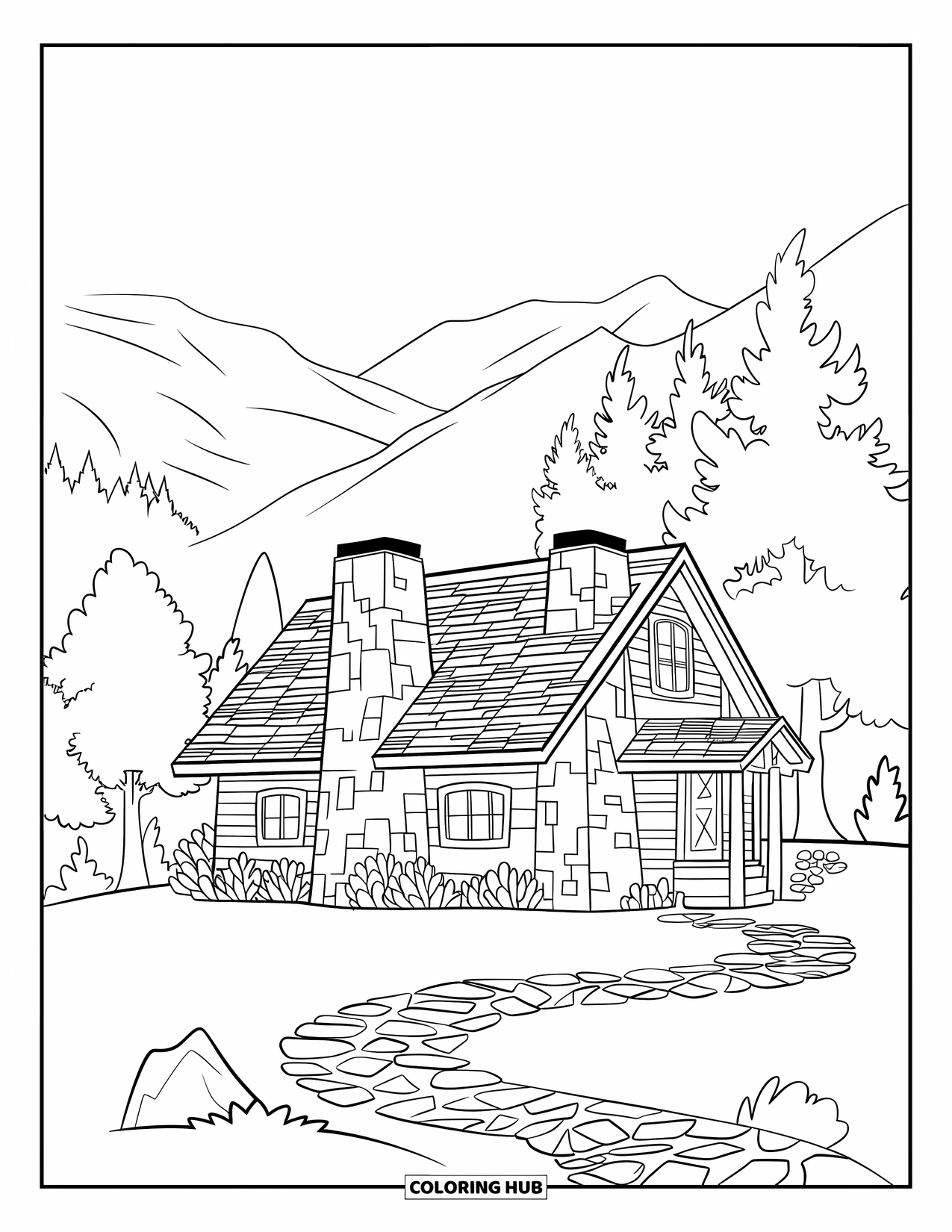 Cabin Coloring Page for Kids: Mid-size cabin with stone path, trees, and mountains under a clear sky
