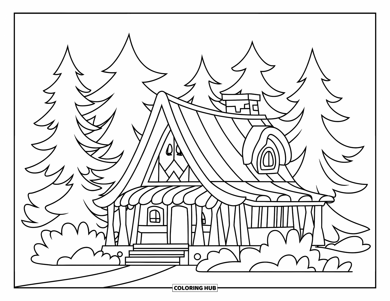 Cabin Coloring Page for Kids: Pine-covered cabin with soft steps and chimney nestled deep in a calm forest