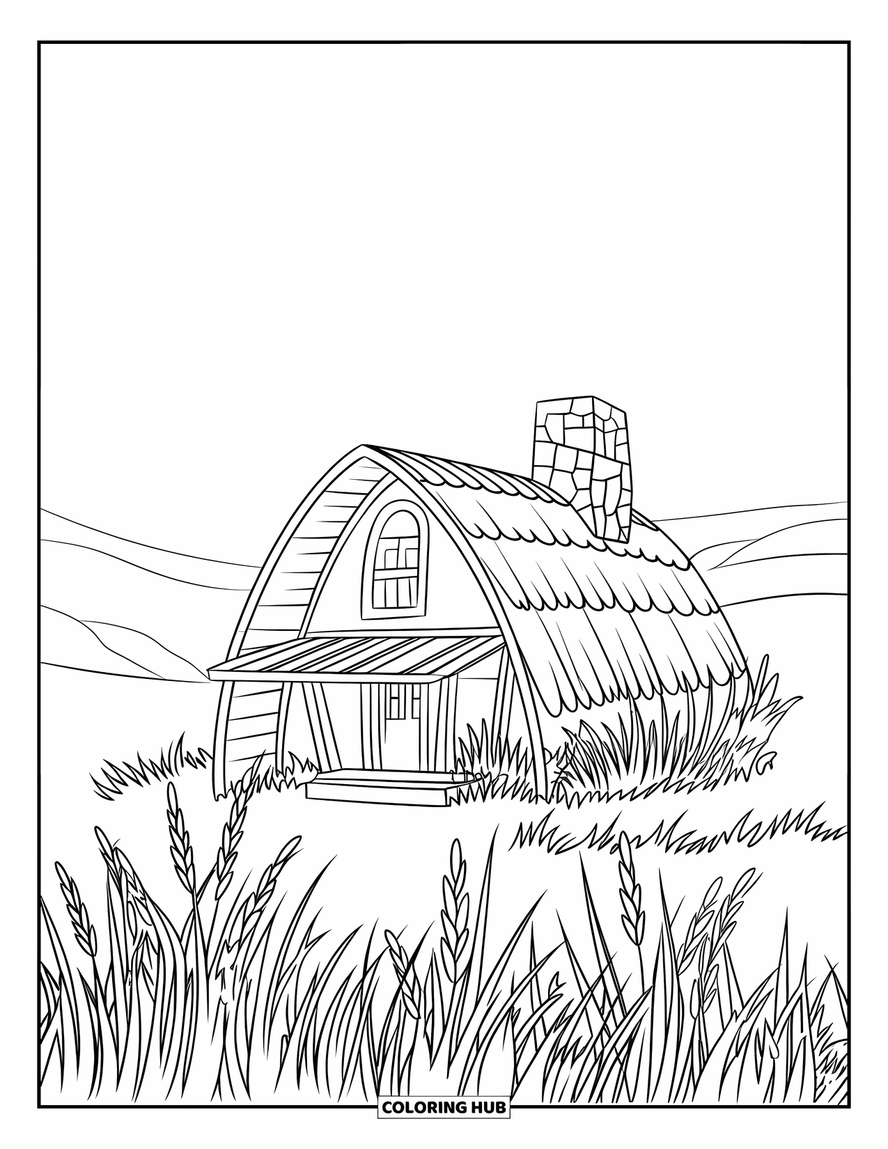 Cabin Coloring Page for Kids: Rounded-roof cabin with stone chimney and tall waving grass nearby