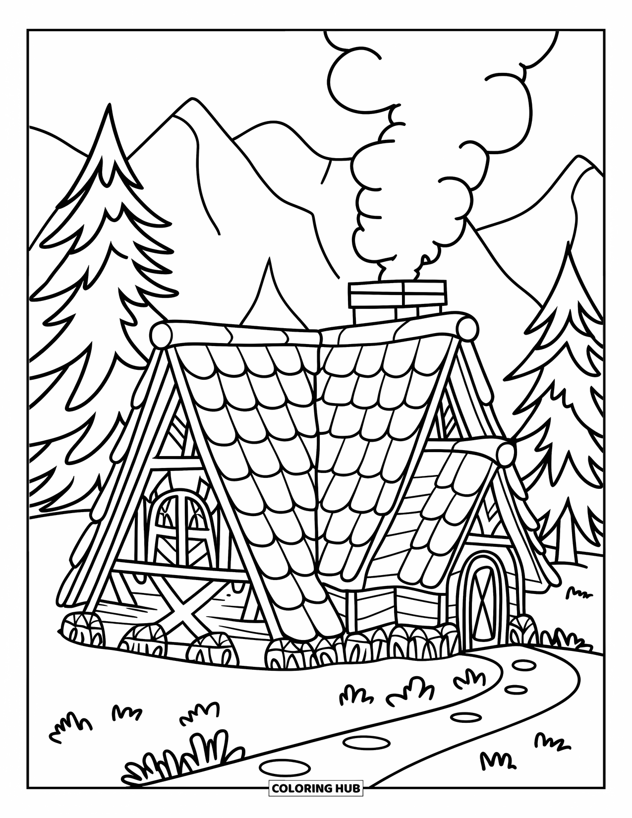 Cabin Coloring Page for Kids: Rustic cabin with cross beams and chimney nestled in snowy mountains and trees