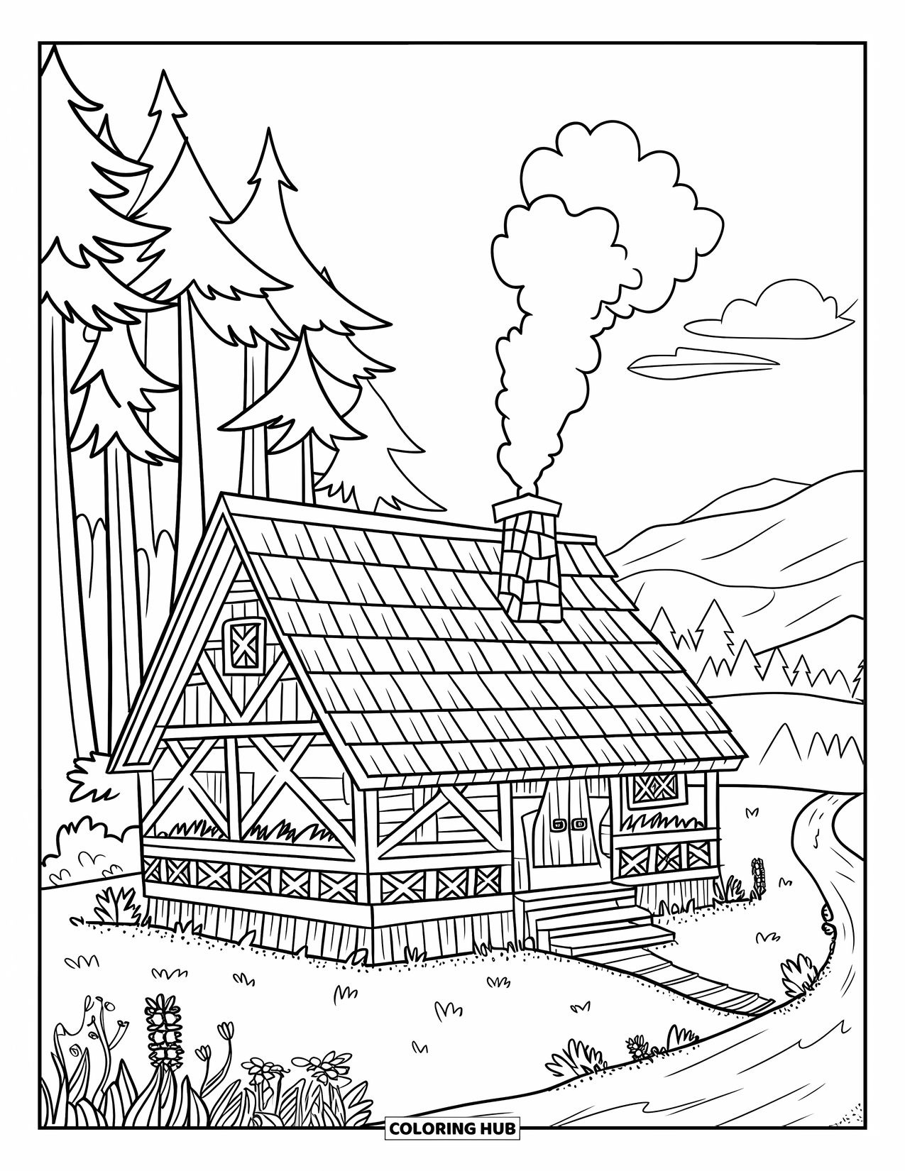 Cabin Coloring Page for Kids: Rustic cabin with flowers, wooden stairs, and mountain views in a peaceful forest