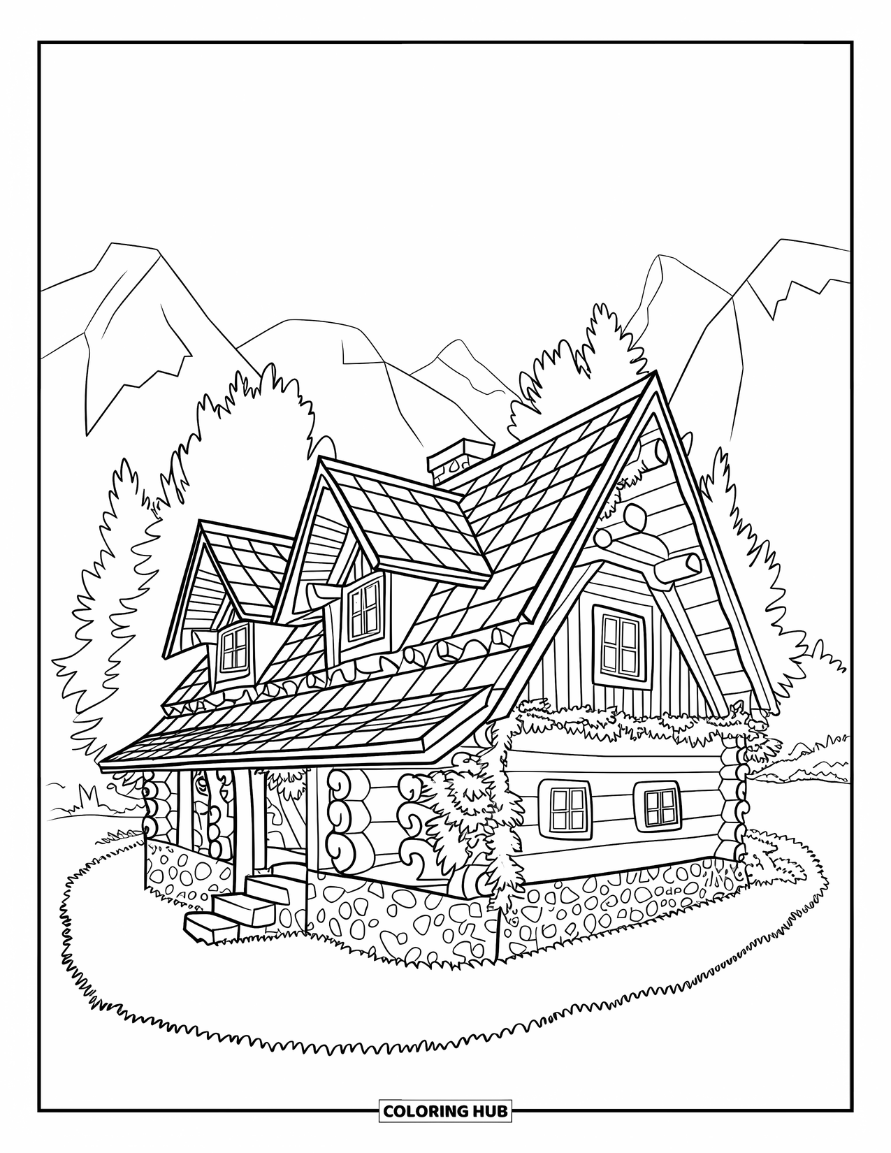 Cabin Coloring Page for Kids: Rustic cabin with ivy and chimney tucked between trees and mountain skies