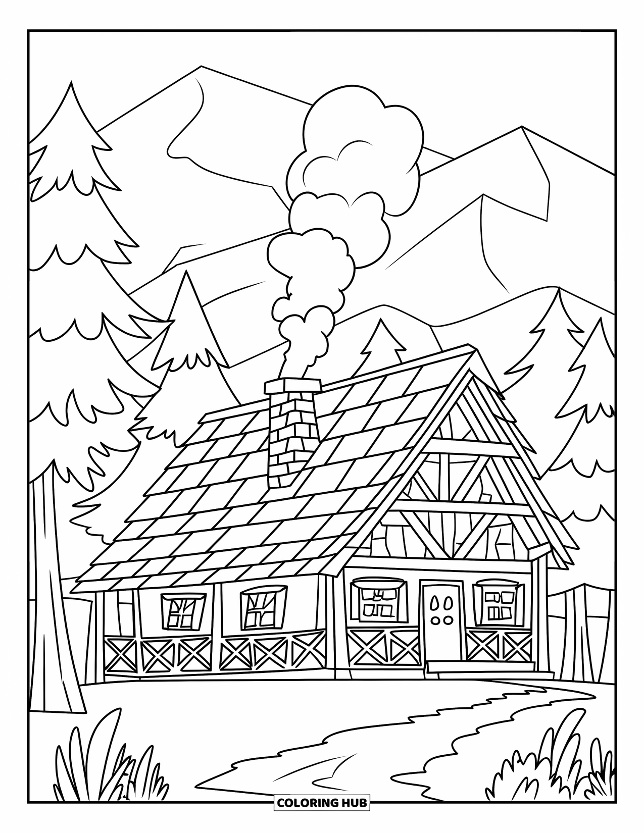 Cabin Coloring Page for Kids: Rustic cabin with smoke chimney and wooden path surrounded by trees and mountains