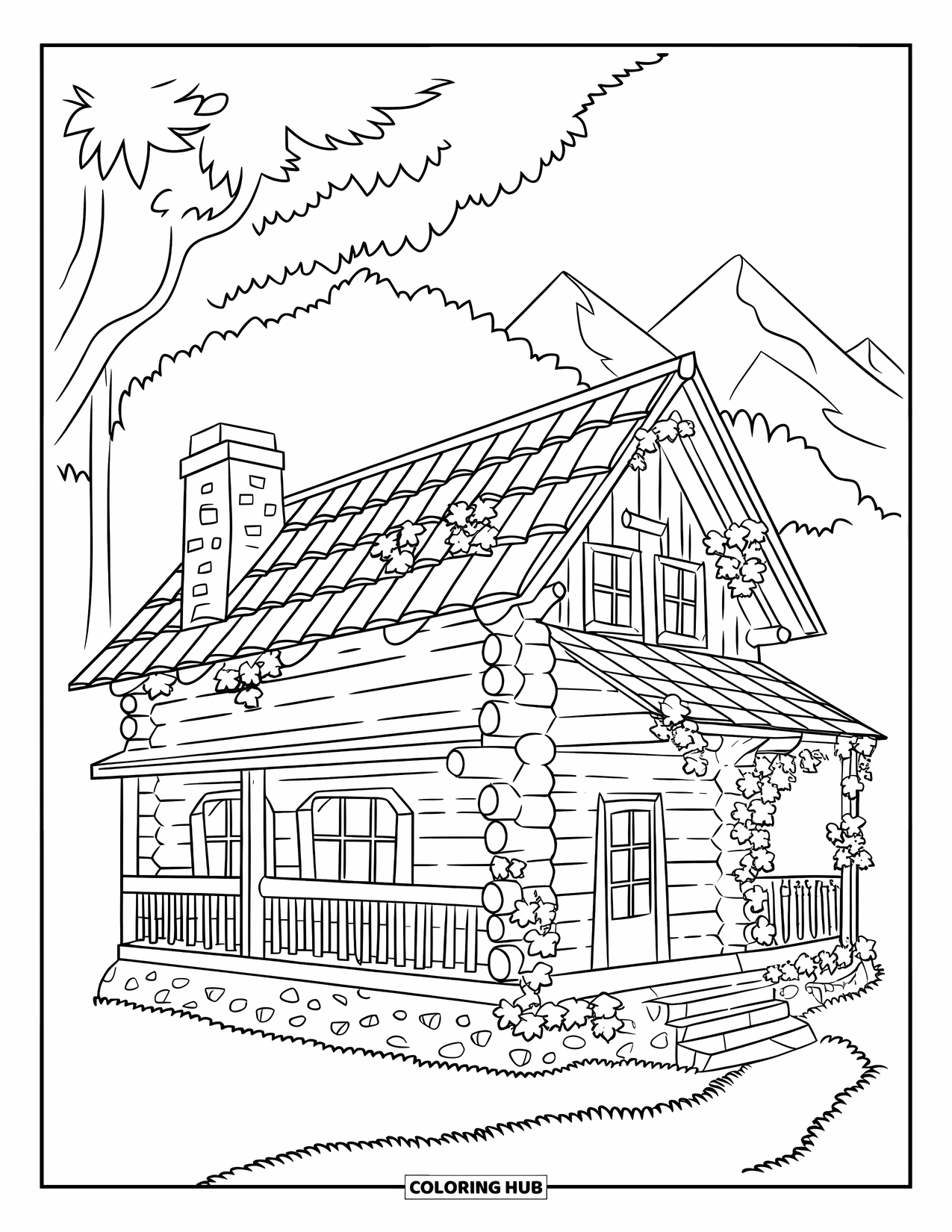 Cabin Coloring Page for Kids: Rustic log cabin with ivy, stone base, and mountains rising in the distance