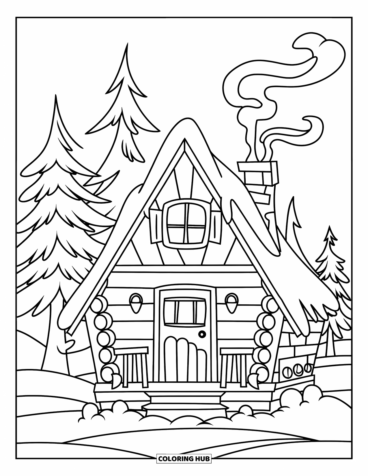 Cabin Coloring Page for Kids: Snowy cabin with triangle roof and chimney surrounded by pine trees