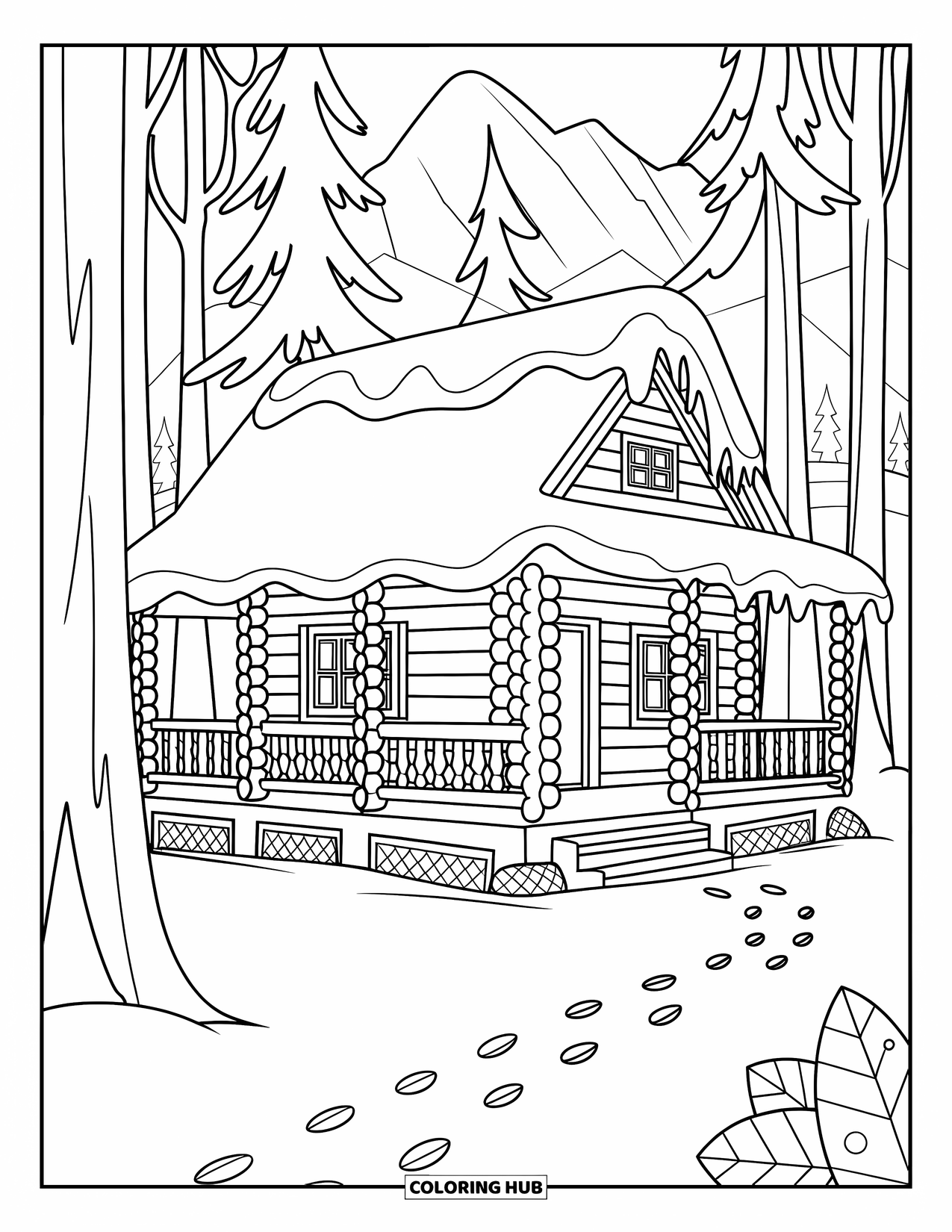Cabin Coloring Page for Kids: Snowy forest cabin with log walls, a wraparound porch, and mountain views