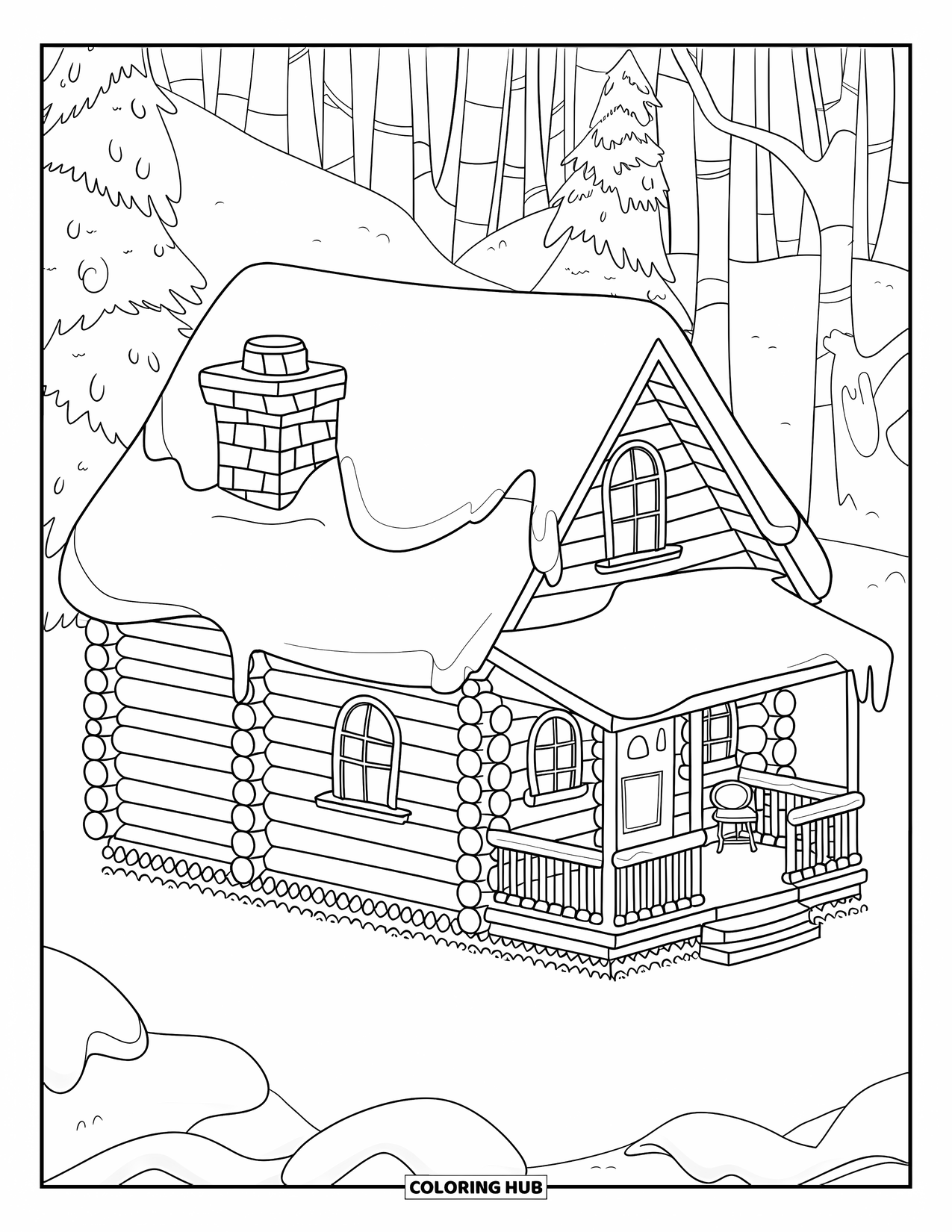 Cabin Coloring Page for Kids: Snowy forest cabin with porch chairs and chimney under tall trees