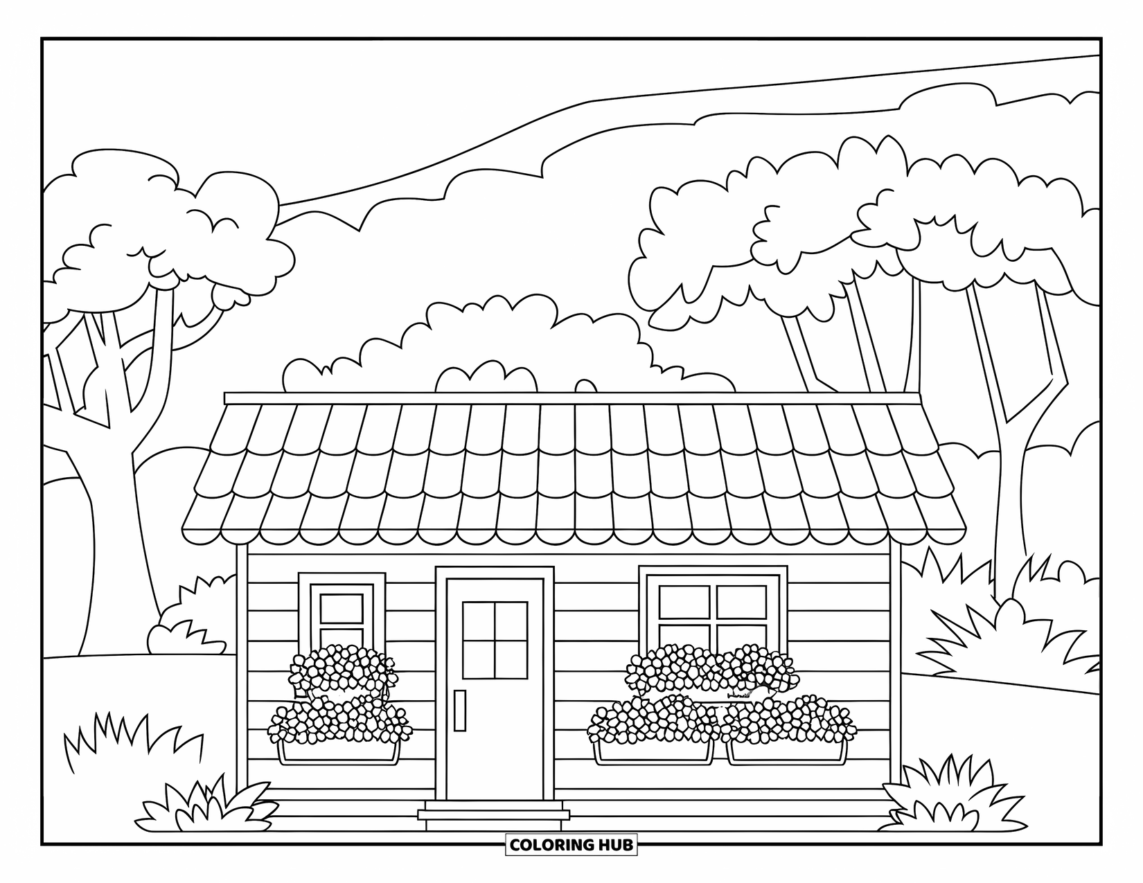 Cabin Coloring Page for Kids: Square cabin with thick roof tiles and flowers in pots under the window