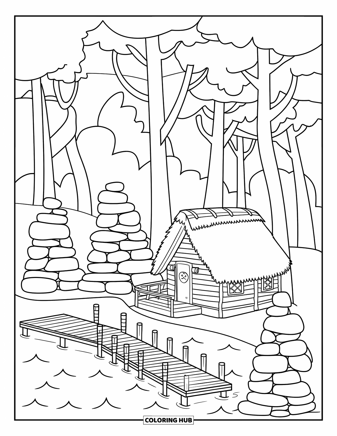 Cabin Coloring Page for Kids: Thatched lakeside cabin with dock and stacked stones in a calm forest setting