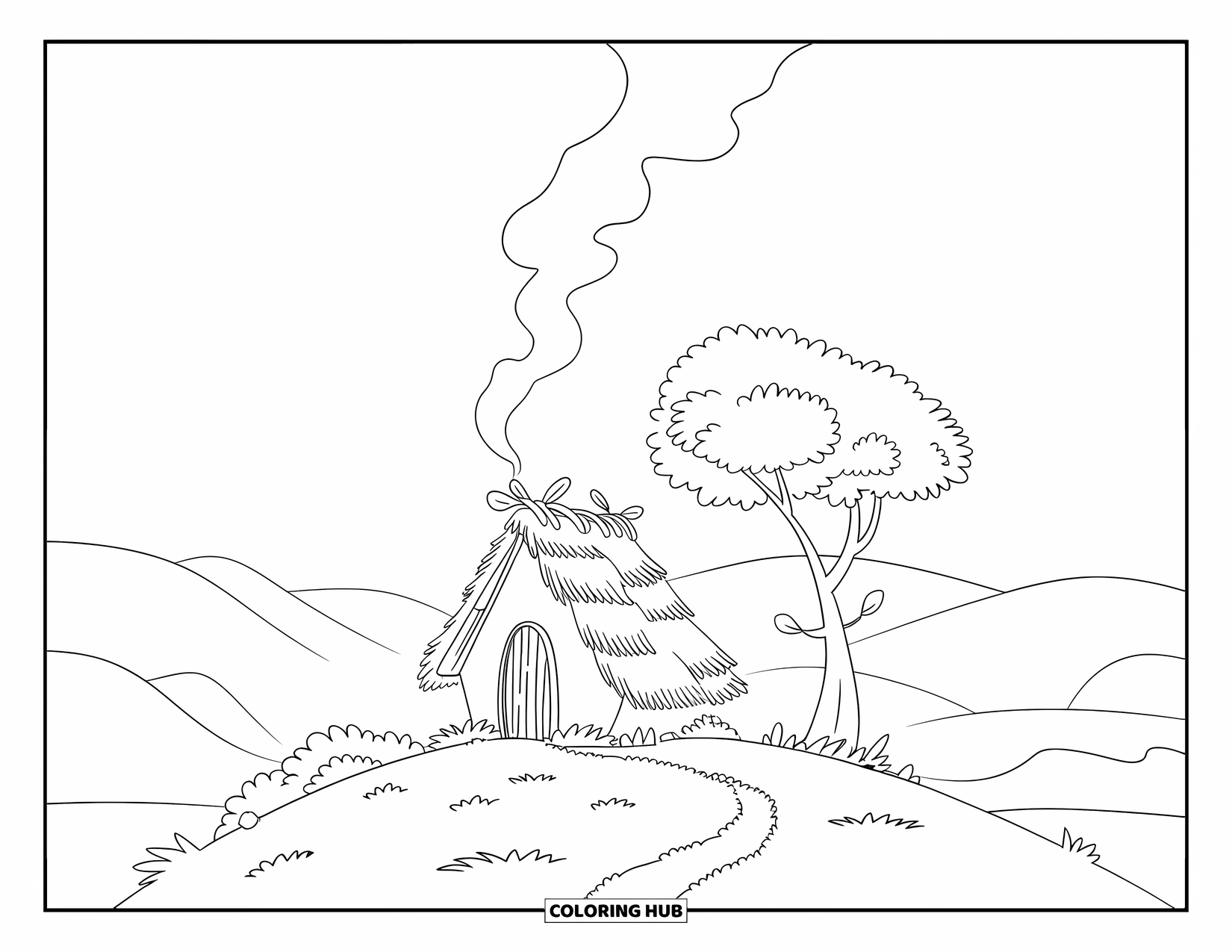 Cabin Coloring Page for Kids: Tiny hilltop cabin with smoke chimney and a single tree under a clear sky