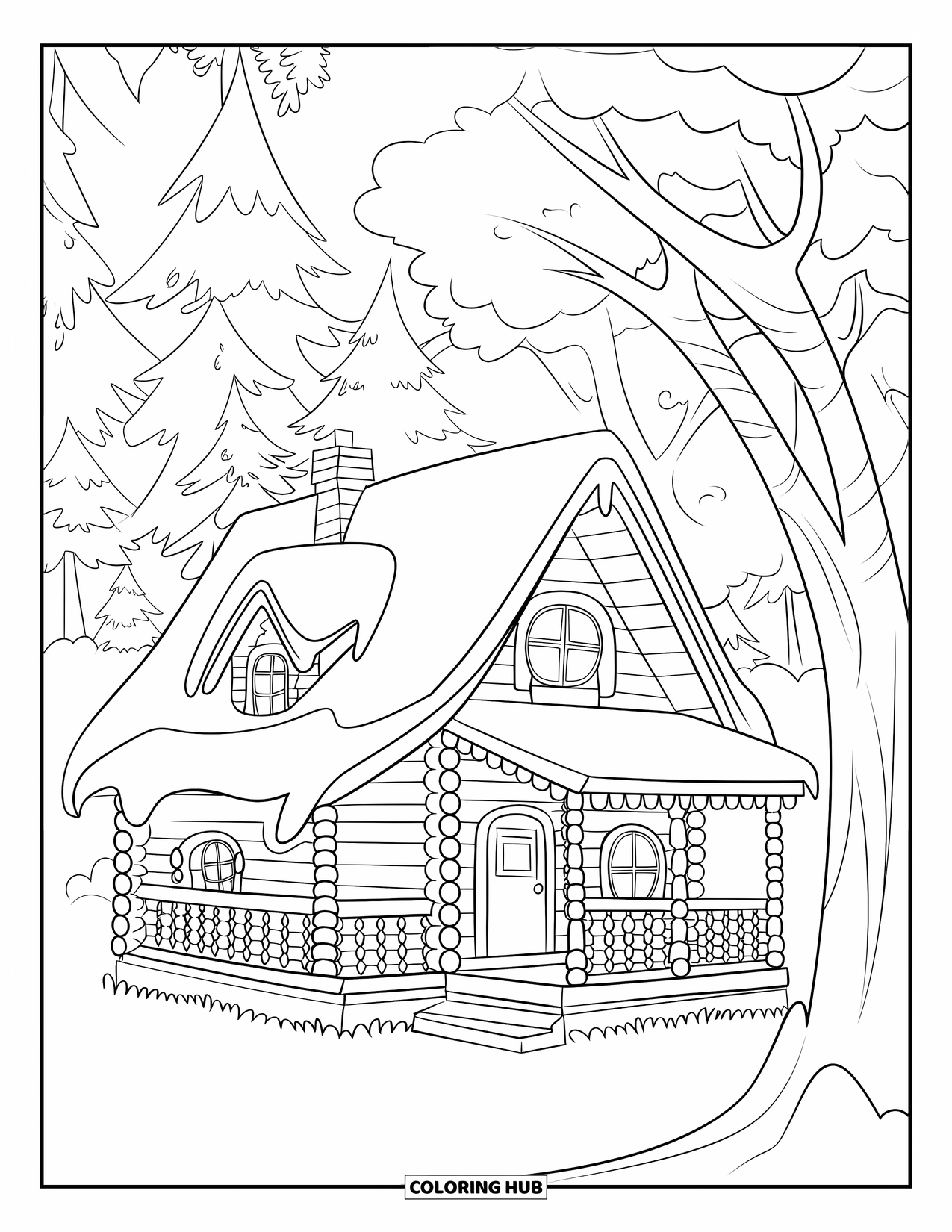 Cabin Coloring Page for Kids: Winter cabin with snowy roof and thick trees in a quiet forest