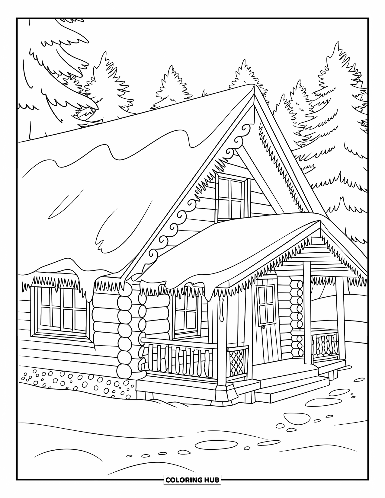 Cabin Coloring Page for Kids: Winter cabin with wraparound porch nestled in a snow-covered forest